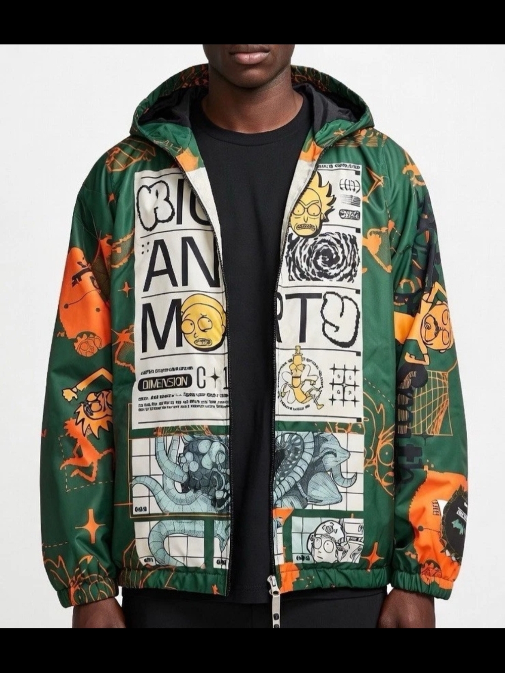 Green & Orange Graphic Hooded Jacket - Men. One Time Wear.
